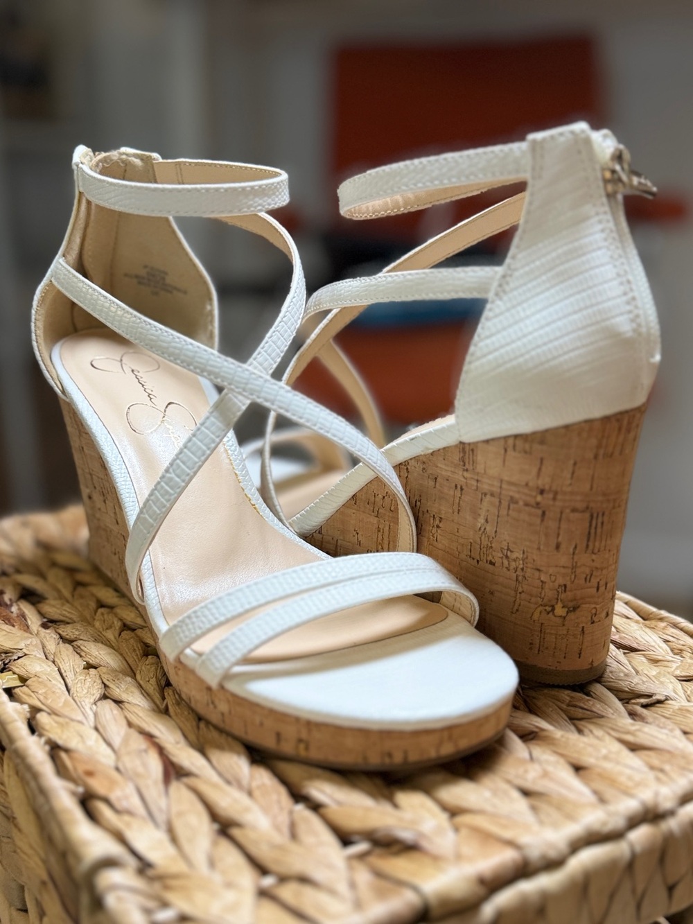 NWOT JESSICA SIMPSON White Cork Wedge Sandals with Ankle Strap SZ 8M